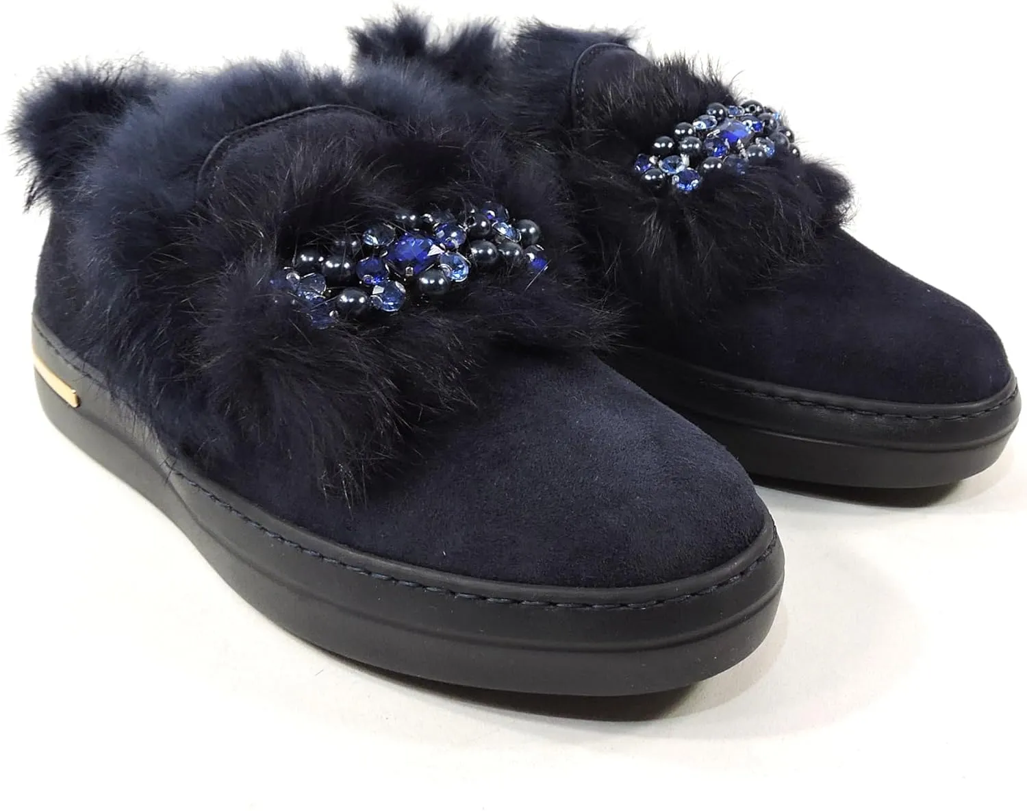 Women's Blue Suede Comfort Flat Winter Loafers with Fur Trim and Lining