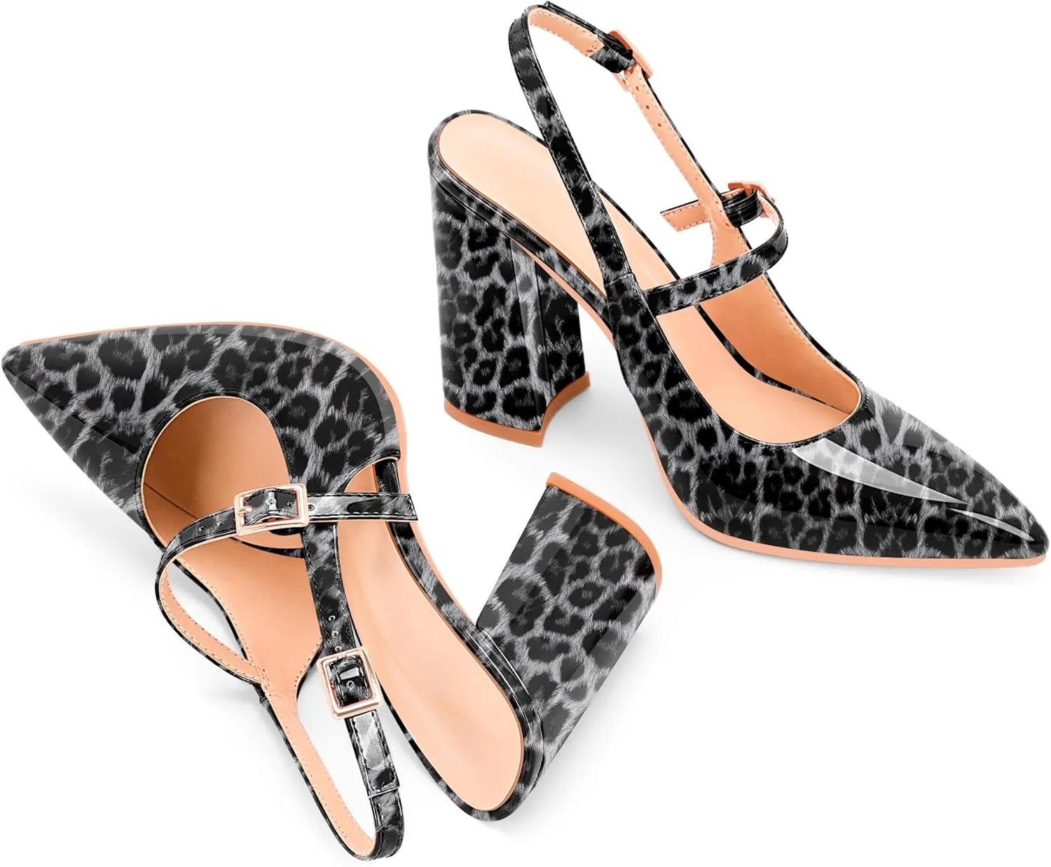 Women's Chunky High Heel Pumps Pointed Toe Slingback Buckle Strap Patent Leather Dress Shoes