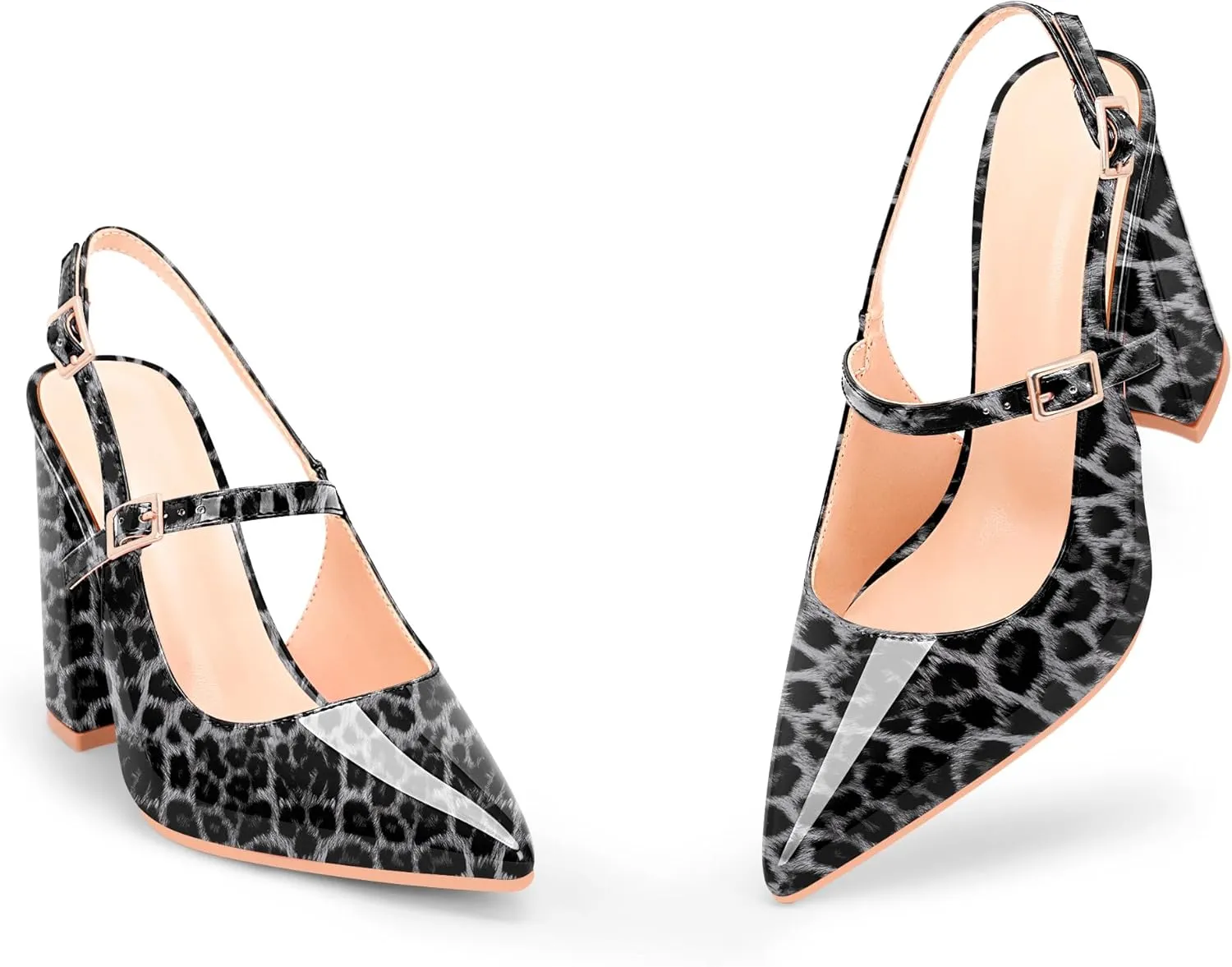 Women's Chunky High Heel Pumps Pointed Toe Slingback Buckle Strap Patent Leather Dress Shoes
