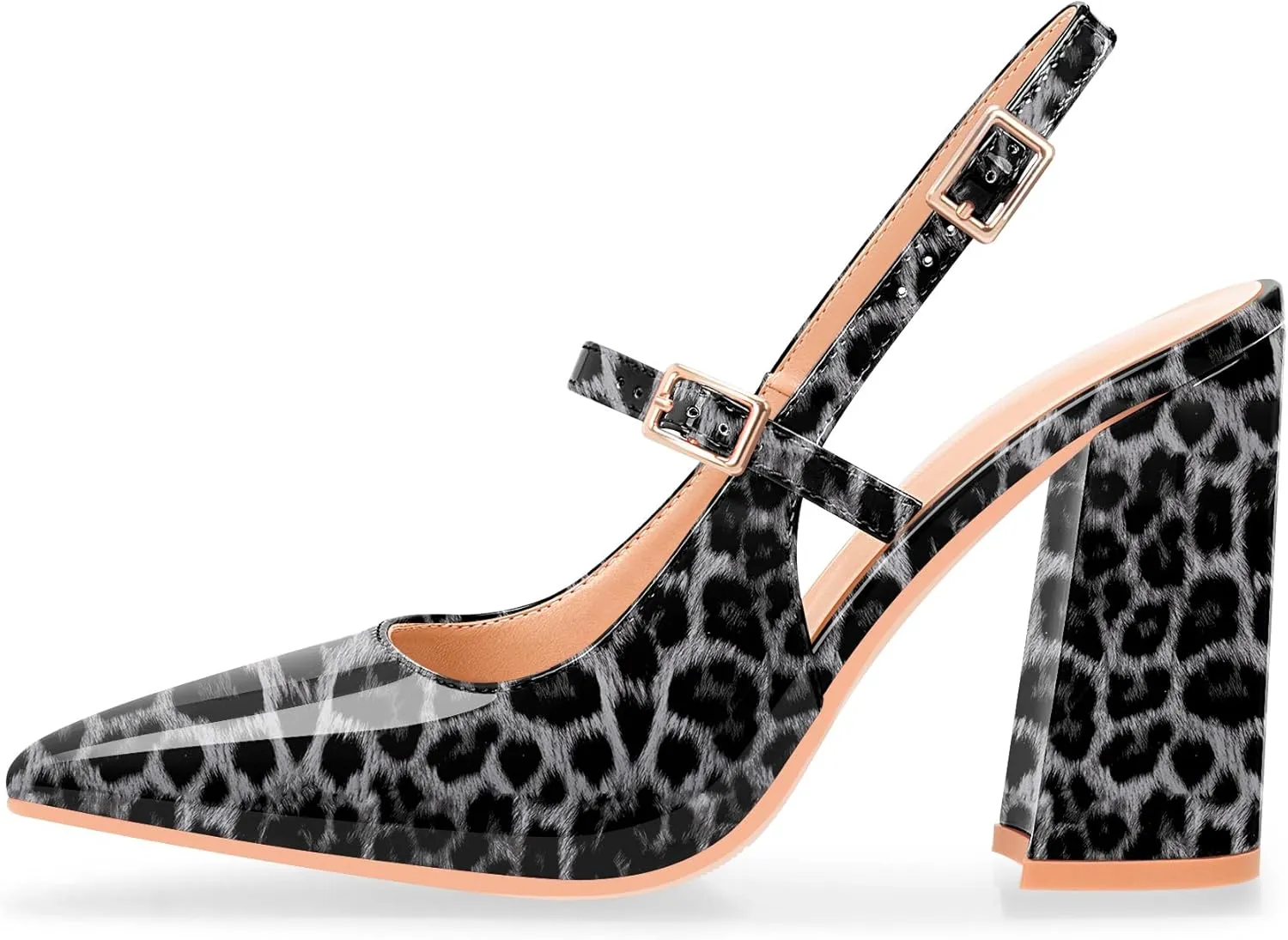 Women's Chunky High Heel Pumps Pointed Toe Slingback Buckle Strap Patent Leather Dress Shoes