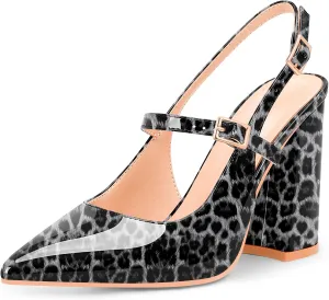 Women's Chunky High Heel Pumps Pointed Toe Slingback Buckle Strap Patent Leather Dress Shoes