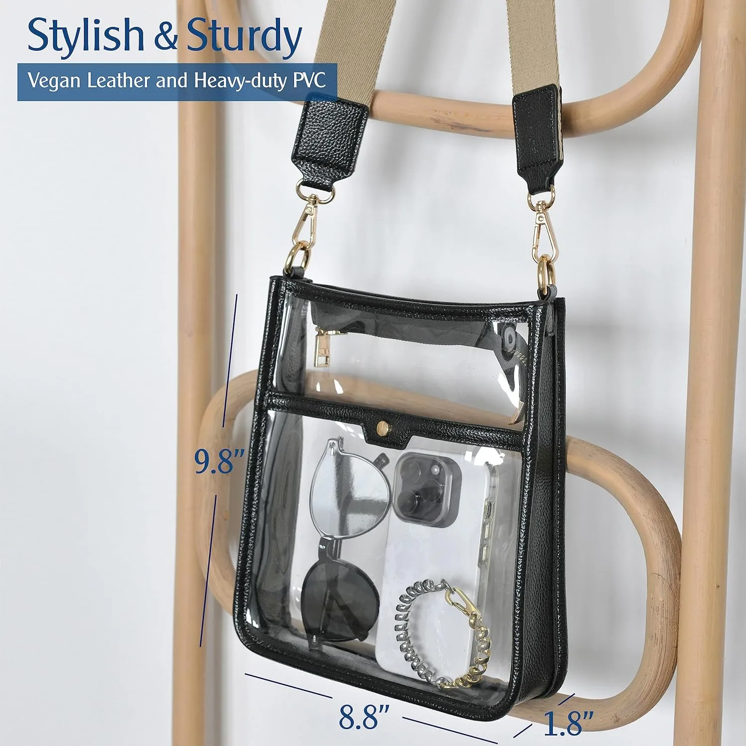Women's Clear PVC Cross Body Bag Zipper Pocket Shoulder Bag with Vegan Leather Trim Stadium Approved Transparent Purse