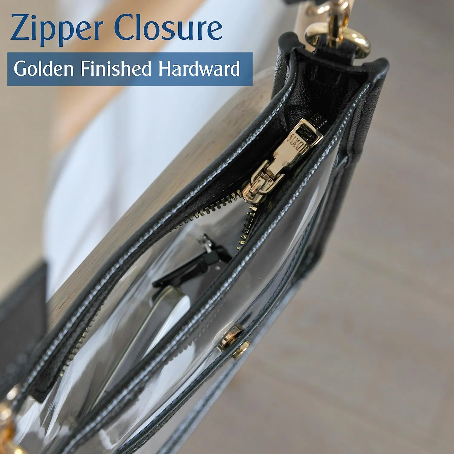 Women's Clear PVC Cross Body Bag Zipper Pocket Shoulder Bag with Vegan Leather Trim Stadium Approved Transparent Purse