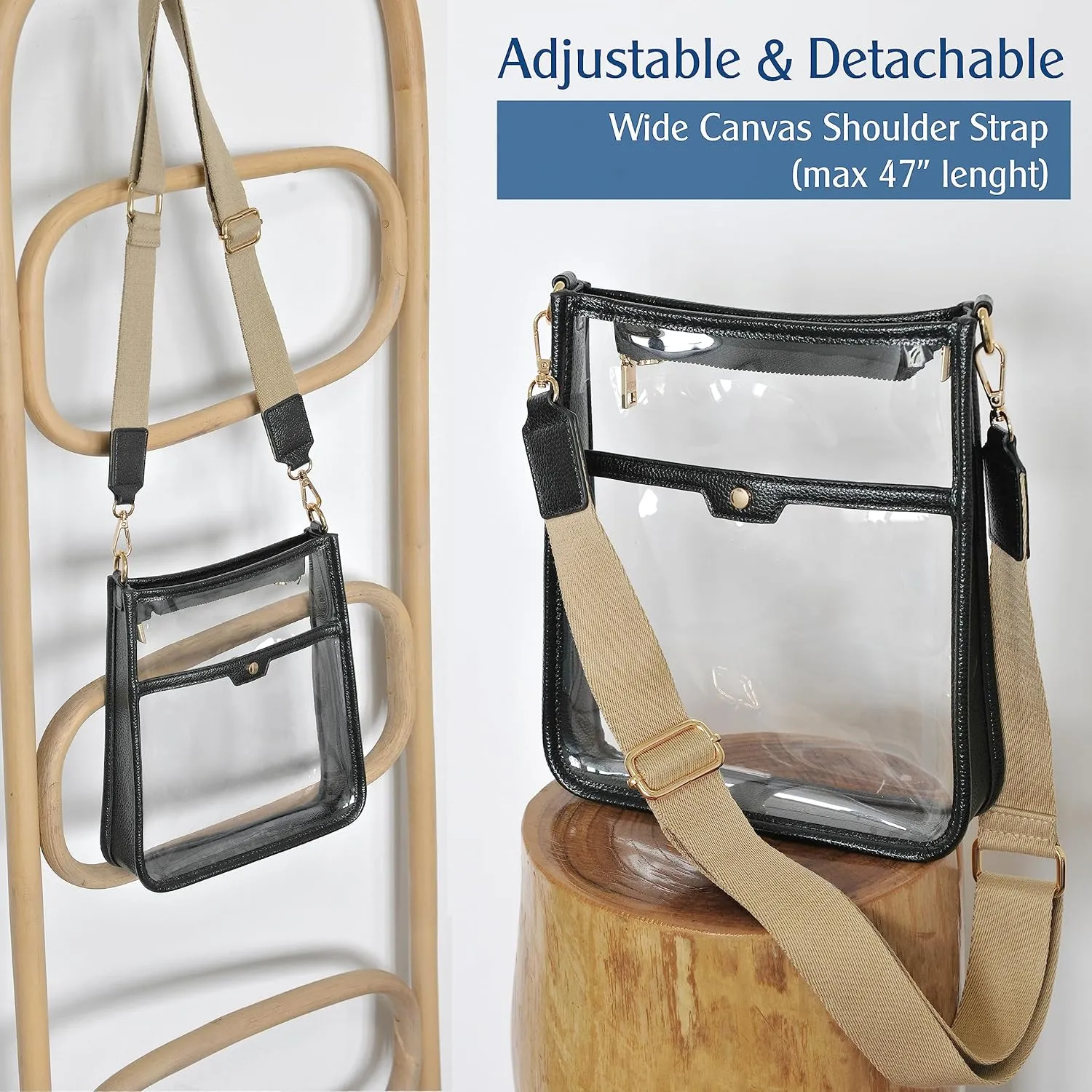 Women's Clear PVC Cross Body Bag Zipper Pocket Shoulder Bag with Vegan Leather Trim Stadium Approved Transparent Purse