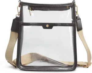 Women's Clear PVC Cross Body Bag Zipper Pocket Shoulder Bag with Vegan Leather Trim Stadium Approved Transparent Purse