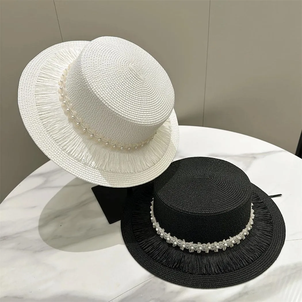 Women's Flat Top Wide Brim Straw Sun Hat with Pearls Summer Panama Beach Hat for Outdoor