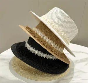 Women's Flat Top Wide Brim Straw Sun Hat with Pearls Summer Panama Beach Hat for Outdoor