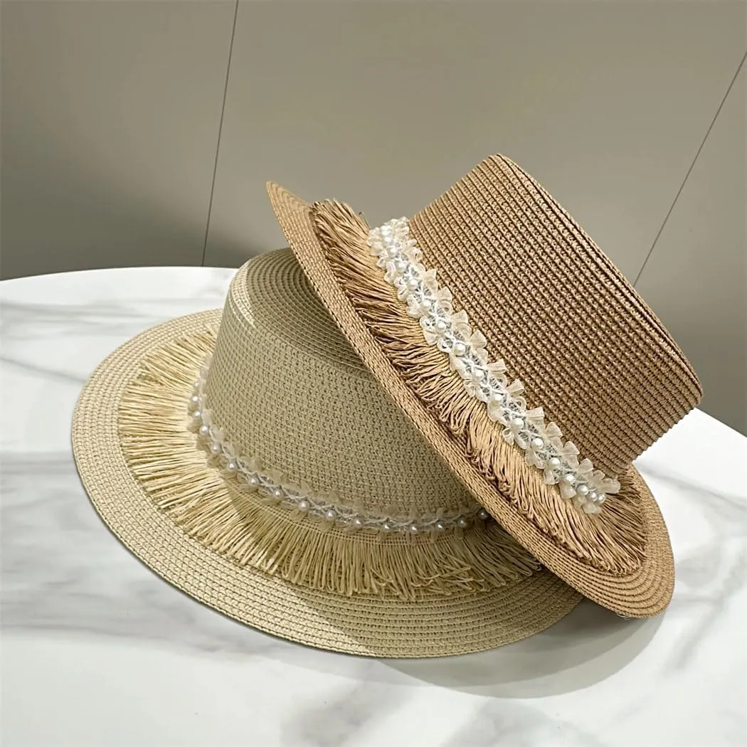 Women's Flat Top Wide Brim Straw Sun Hat with Pearls Summer Panama Beach Hat for Outdoor