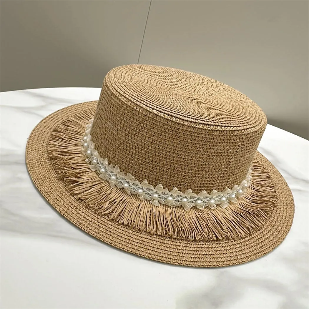 Women's Flat Top Wide Brim Straw Sun Hat with Pearls Summer Panama Beach Hat for Outdoor