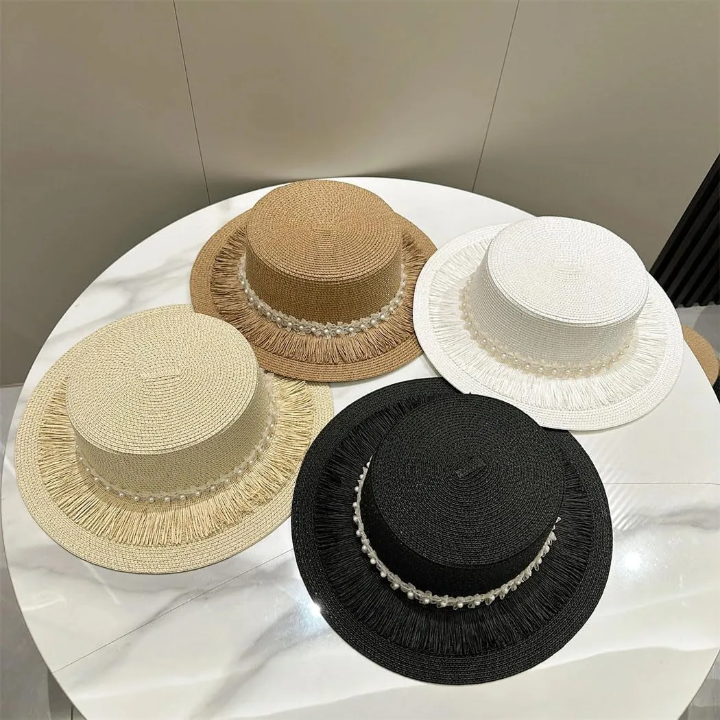 Women's Flat Top Wide Brim Straw Sun Hat with Pearls Summer Panama Beach Hat for Outdoor