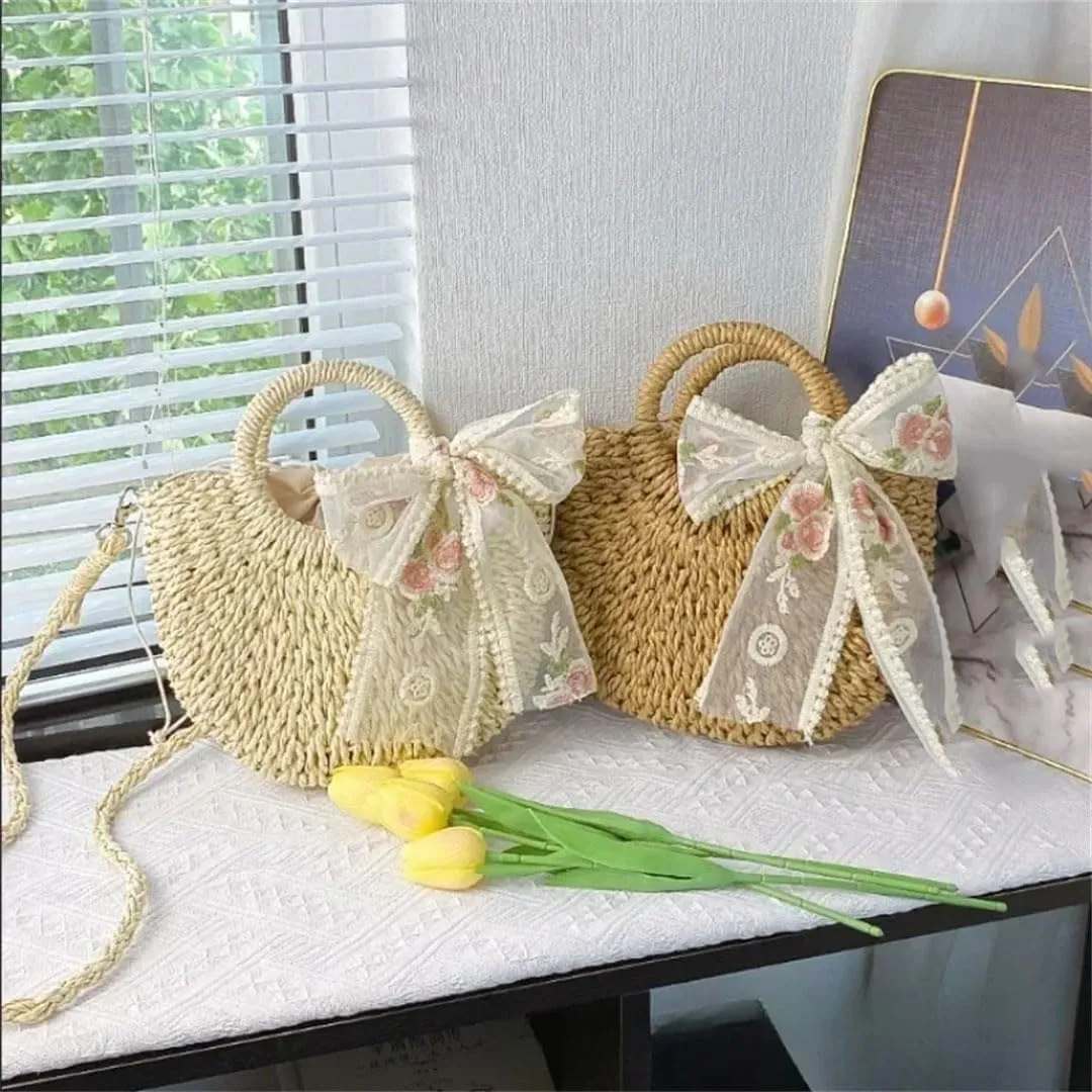 Women's Hand-Woven Moon Shape Straw Shoulder Bag Lace Bow Detail Drawstring Casual Beach Crossbody Bag