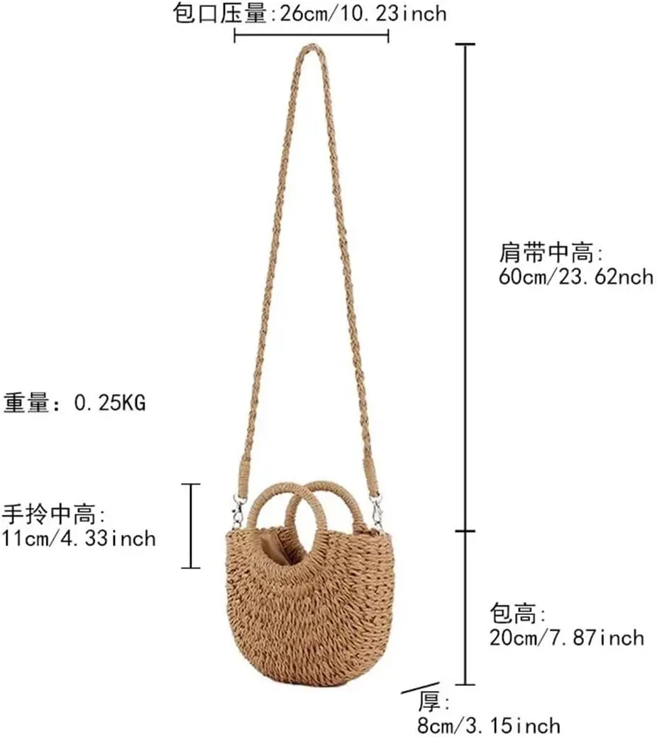 Women's Hand-Woven Moon Shape Straw Shoulder Bag Lace Bow Detail Drawstring Casual Beach Crossbody Bag