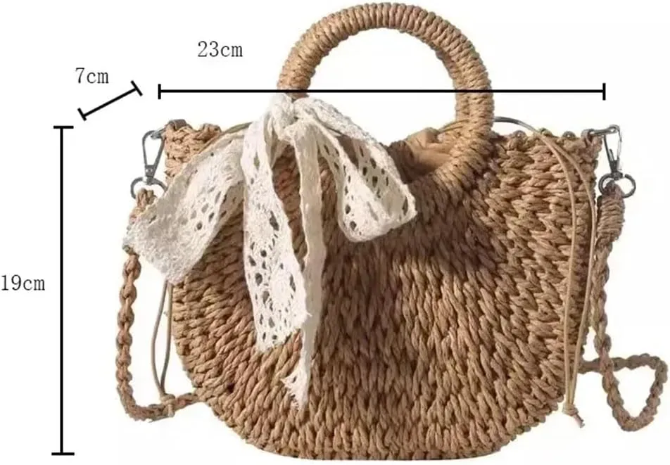 Women's Hand-Woven Moon Shape Straw Shoulder Bag Lace Bow Detail Drawstring Casual Beach Crossbody Bag