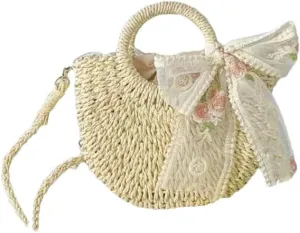 Women's Hand-Woven Moon Shape Straw Shoulder Bag Lace Bow Detail Drawstring Casual Beach Crossbody Bag