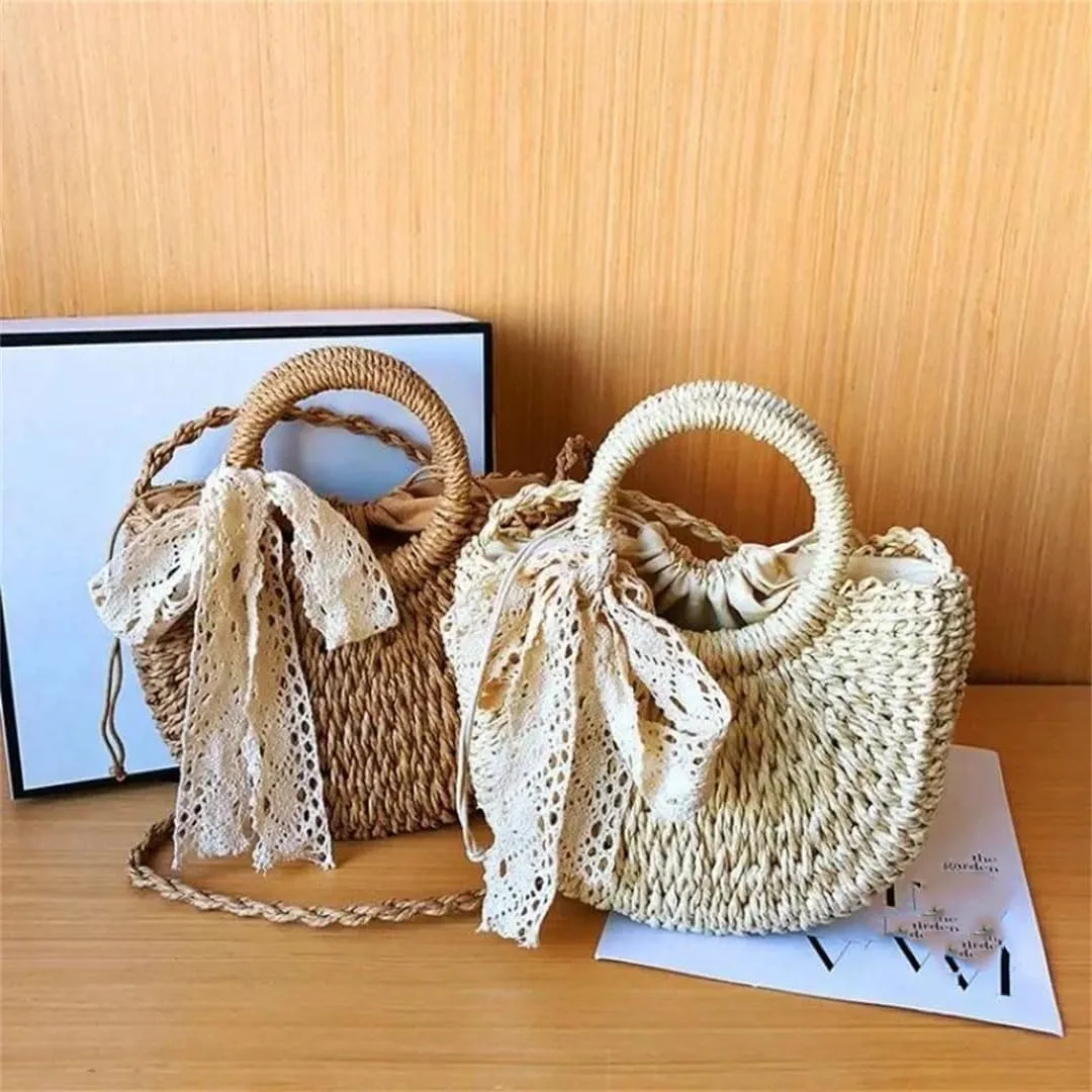 Women's Hand-Woven Moon Shape Straw Shoulder Bag Lace Bow Detail Drawstring Casual Beach Crossbody Bag
