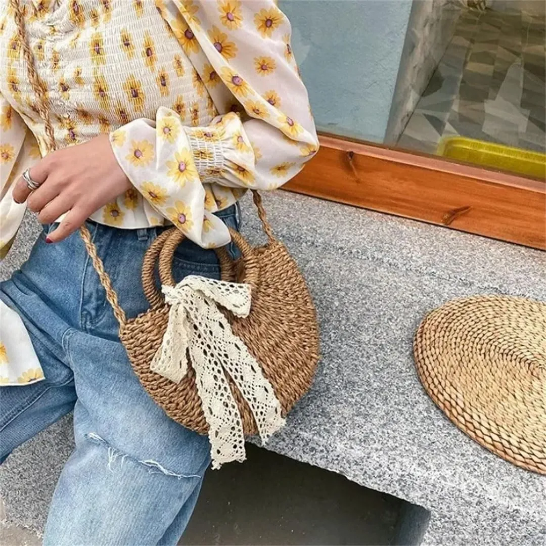 Women's Hand-Woven Moon Shape Straw Shoulder Bag Lace Bow Detail Drawstring Casual Beach Crossbody Bag