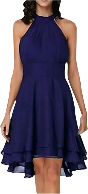 Women's Midi Skirts Elegant Ruffle Sleeveless Chiffon Dresses Irregular Cut A-Line Double Layer Business Guest Dress