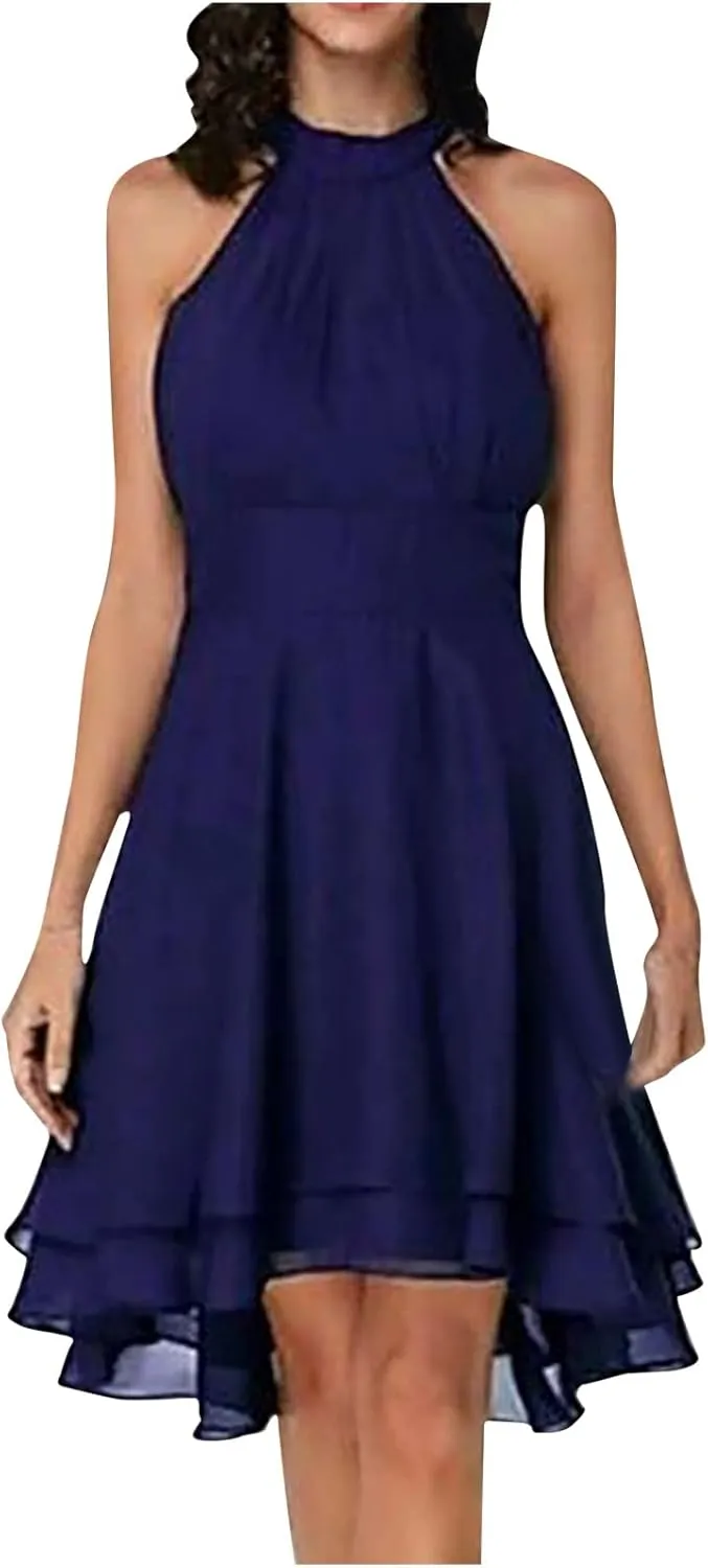 Women's Midi Skirts Elegant Ruffle Sleeveless Chiffon Dresses Irregular Cut A-Line Double Layer Business Guest Dress