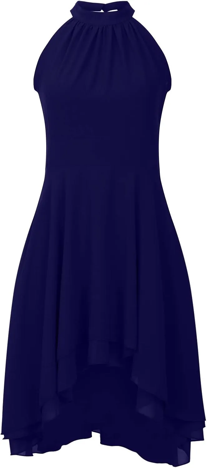 Women's Midi Skirts Elegant Ruffle Sleeveless Chiffon Dresses Irregular Cut A-Line Double Layer Business Guest Dress