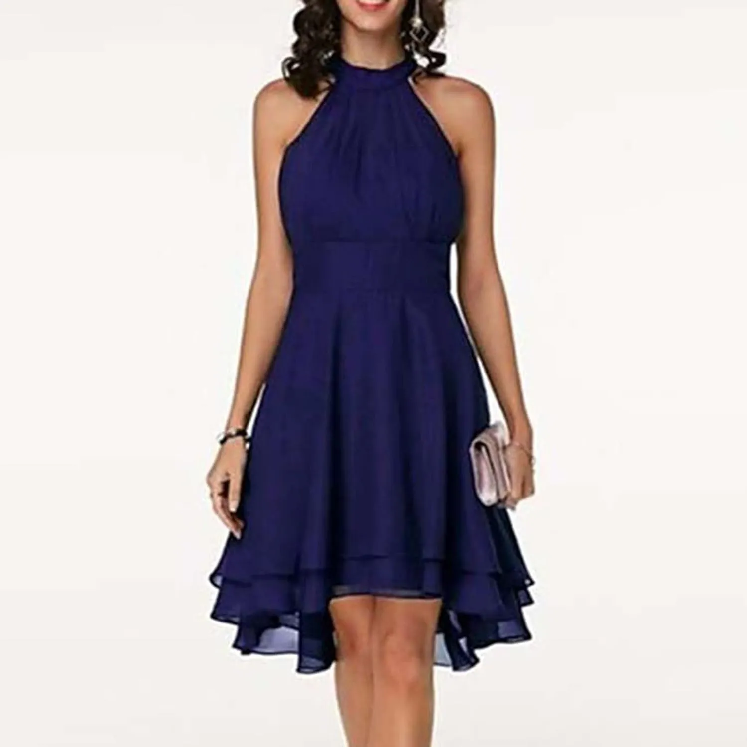 Women's Midi Skirts Elegant Ruffle Sleeveless Chiffon Dresses Irregular Cut A-Line Double Layer Business Guest Dress