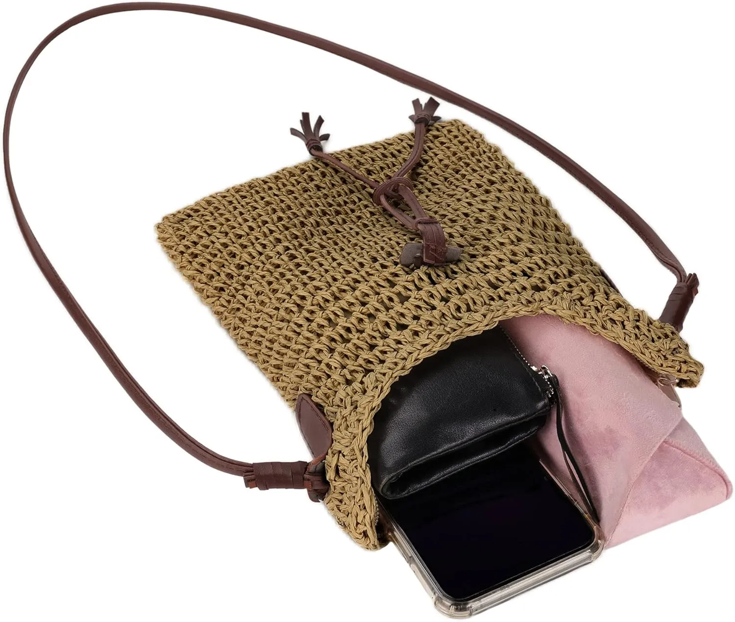 Womens Small Straw Crossbody Bag Handwoven Beach Shoulder Bag Handbag Purse with Tassel for Summer