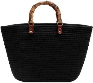 Women's Tote Bag with Bamboo-Inspired Resin Handles Large Straw Tote Bag Woven Handbag Shoulder Bag for Vacation