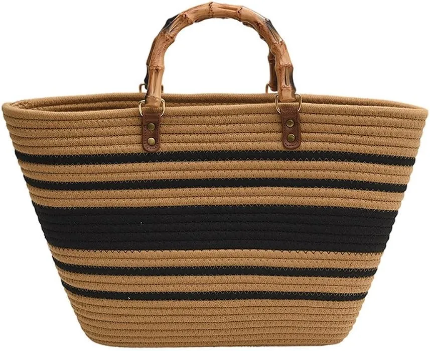 Women's Tote Bag with Bamboo-Inspired Resin Handles Large Straw Tote Bag Woven Handbag Shoulder Bag for Vacation