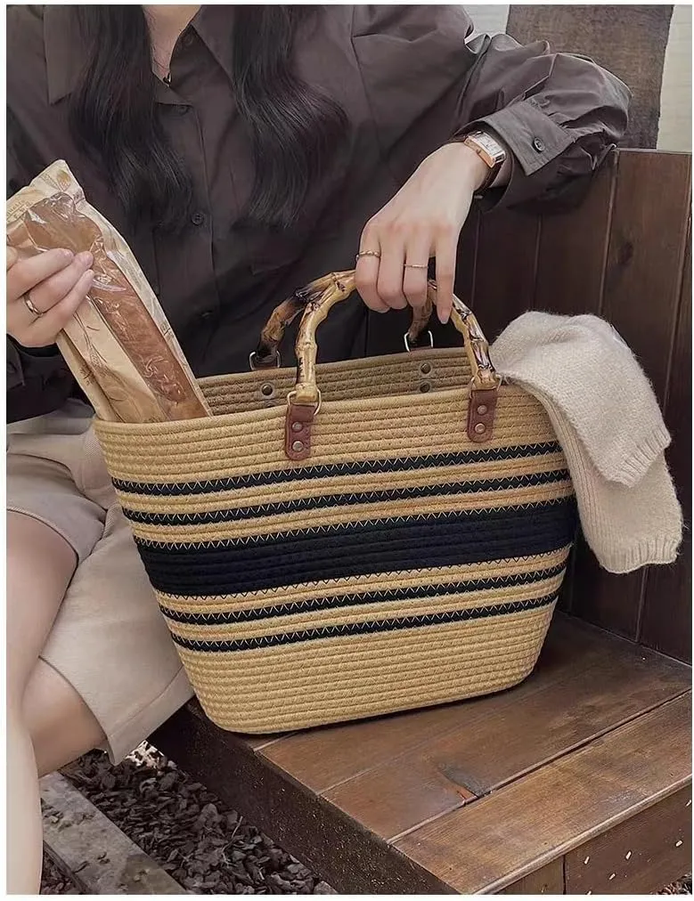 Women's Tote Bag with Bamboo-Inspired Resin Handles Large Straw Tote Bag Woven Handbag Shoulder Bag for Vacation