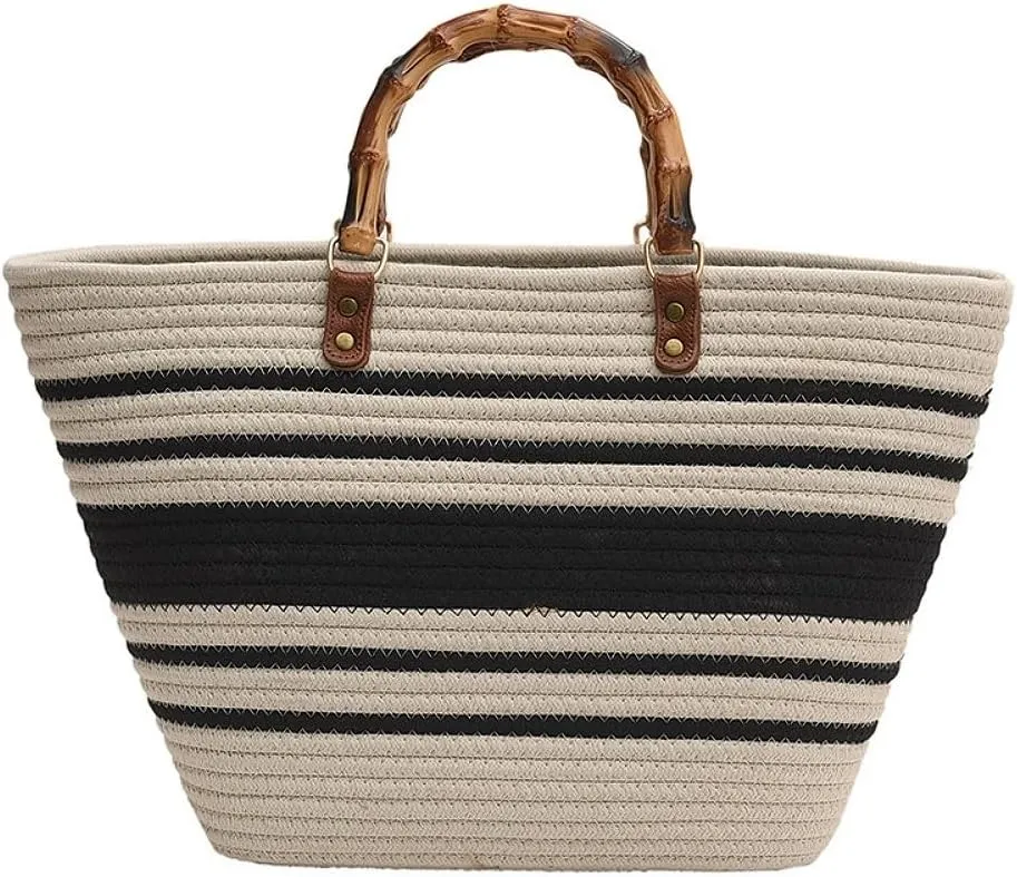 Women's Tote Bag with Bamboo-Inspired Resin Handles Large Straw Tote Bag Woven Handbag Shoulder Bag for Vacation
