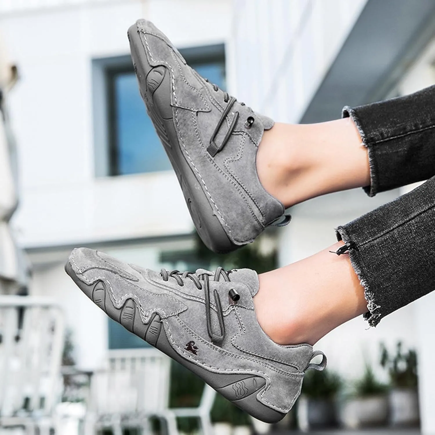 Women's Waterproof Suede Casual Walking Shoes for Hiking Camping & Driving All Season Fashion Retro Elastic Lace Up Hand Stitched Outdoor Sports Sneakers