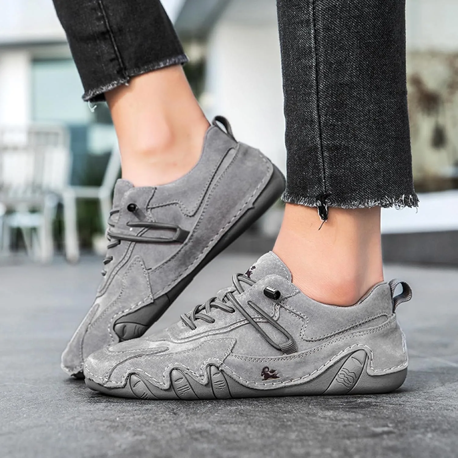 Women's Waterproof Suede Casual Walking Shoes for Hiking Camping & Driving All Season Fashion Retro Elastic Lace Up Hand Stitched Outdoor Sports Sneakers