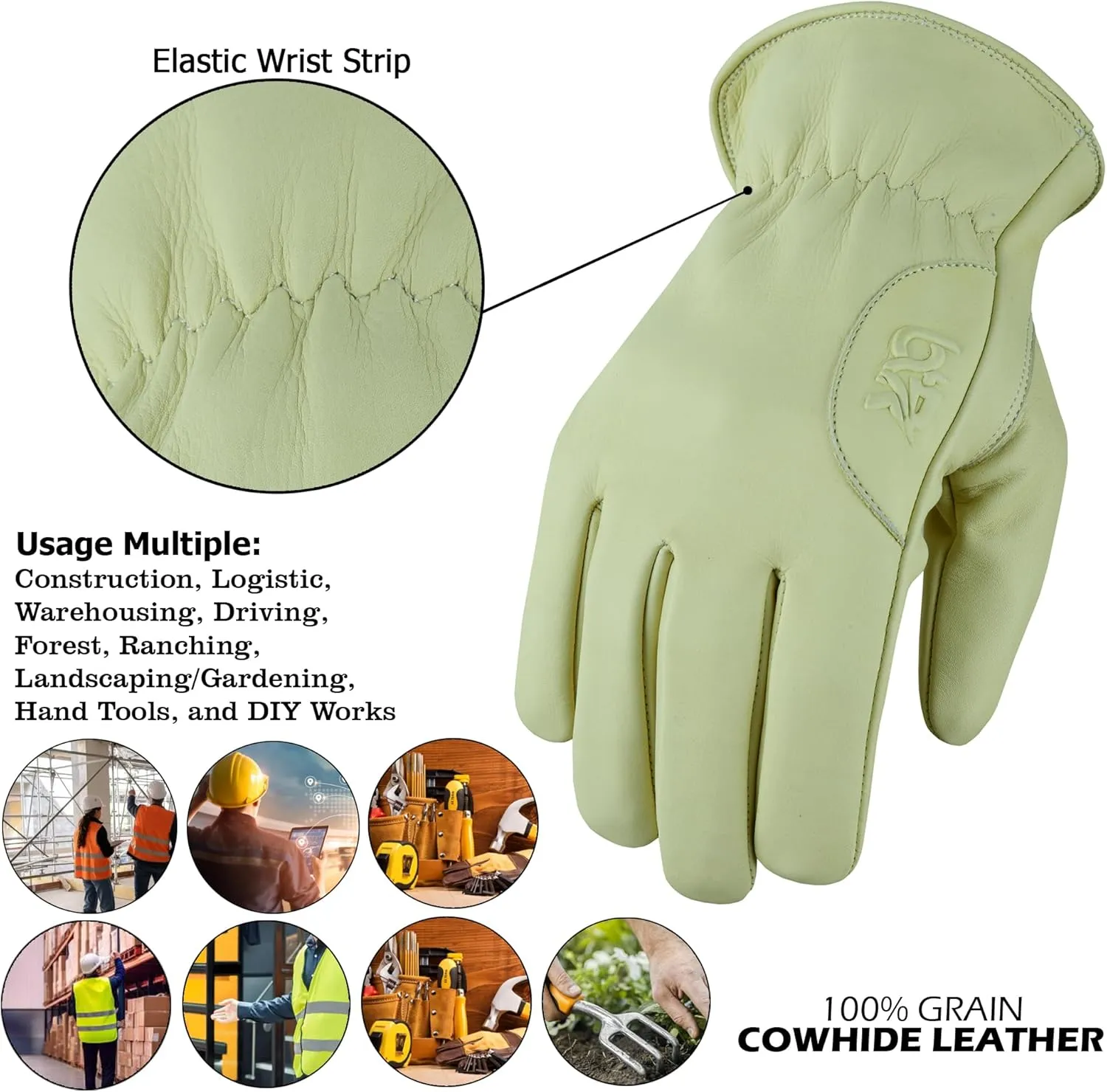 Work Gloves Cowhide Leather Reinforced Durable Construction Hand Tools Driving Gardening Work Safety Gloves