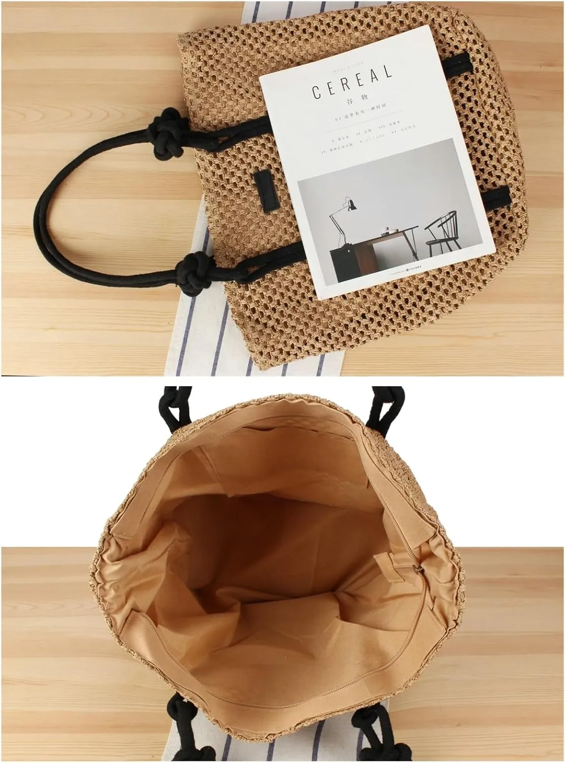 Woven Shoulder Tote Bag Women 2025 Summer Beach Bag Straw Handbag Cotton Rope Handles Commute Shopping Square