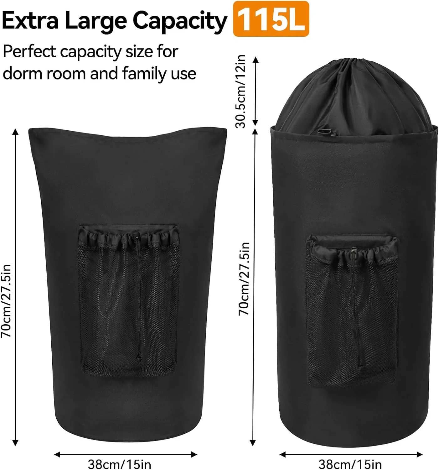 WOWLIVE Laundry Bag Backpack,115L Extra Large Travel Laundry Hamper Bag with Mesh Pocket & Adjustable Shoulder Straps Laundry basket bag with Drawstring for College Dorm,Apartment,Students (Black)