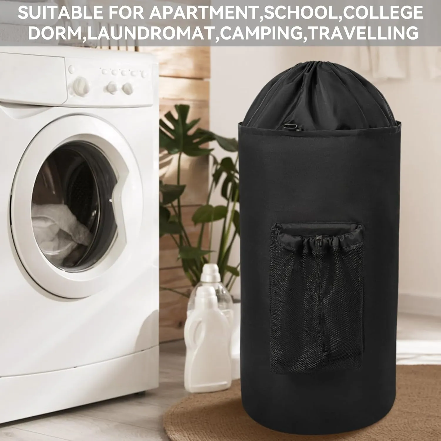 WOWLIVE Laundry Bag Backpack,115L Extra Large Travel Laundry Hamper Bag with Mesh Pocket & Adjustable Shoulder Straps Laundry basket bag with Drawstring for College Dorm,Apartment,Students (Black)