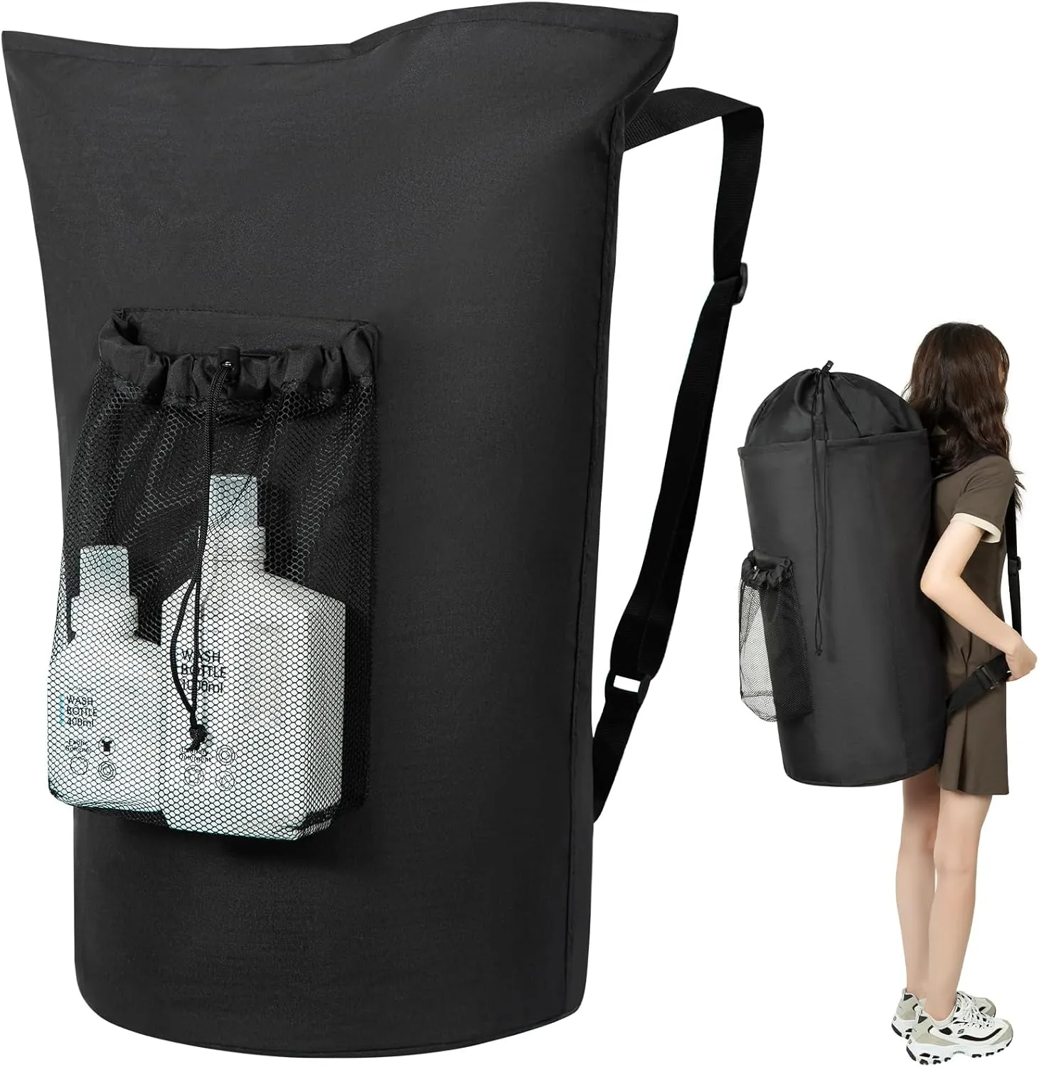 WOWLIVE Laundry Bag Backpack,115L Extra Large Travel Laundry Hamper Bag with Mesh Pocket & Adjustable Shoulder Straps Laundry basket bag with Drawstring for College Dorm,Apartment,Students (Black)