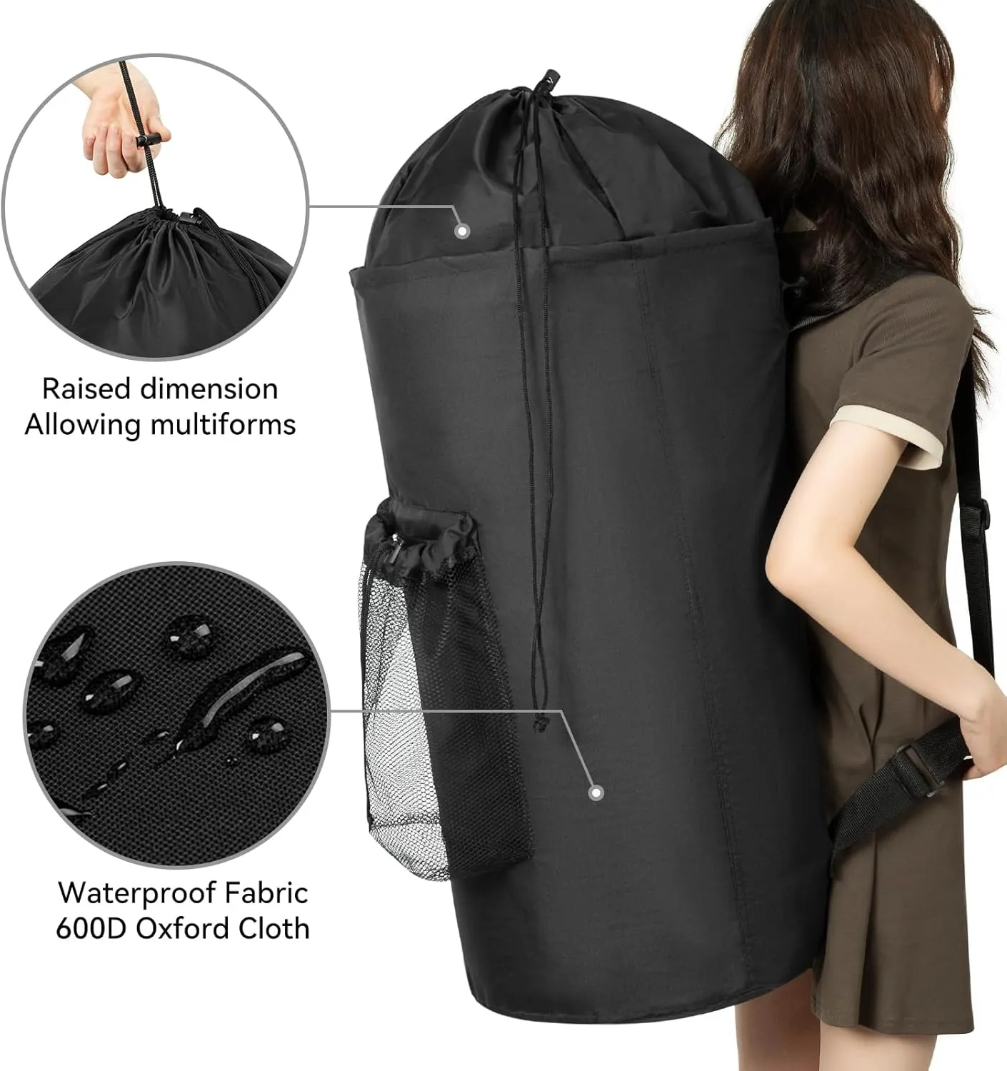 WOWLIVE Laundry Bag Backpack,115L Extra Large Travel Laundry Hamper Bag with Mesh Pocket & Adjustable Shoulder Straps Laundry basket bag with Drawstring for College Dorm,Apartment,Students (Black)