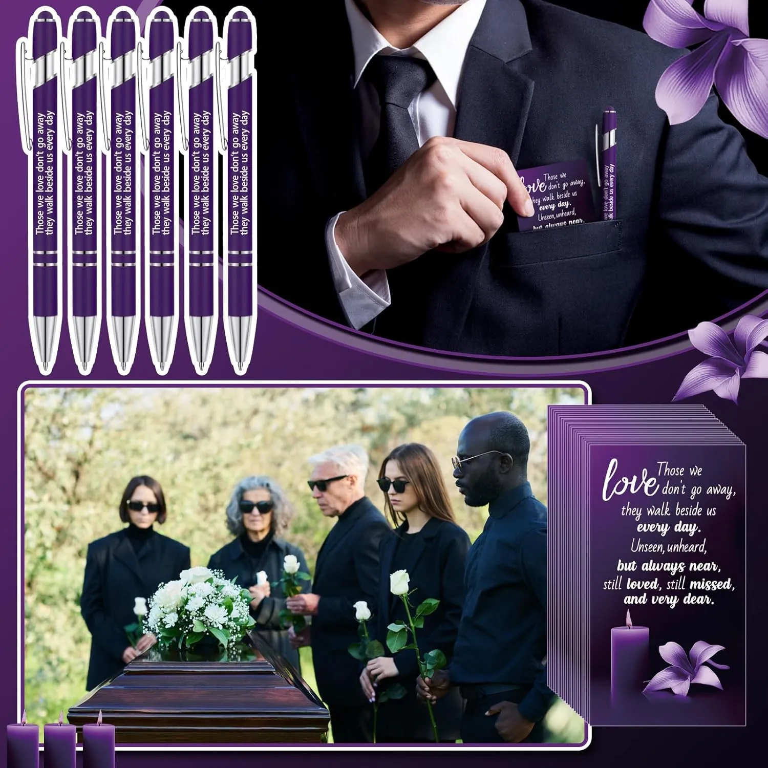 Yeaqee 150 Pcs Funeral Favor Thank You Set Funeral Favor for a Memorial Service 50 Ballpoint Pens 50 Poem Cards White Organza Bags Sympathy Condolence Bereavement Gift(Purple,Candle)
