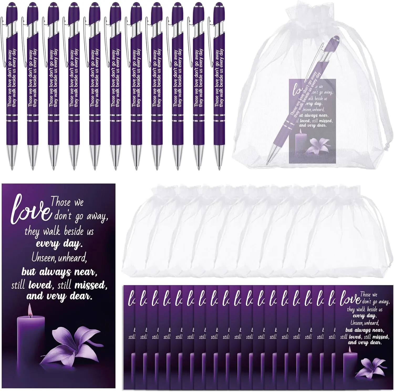 Yeaqee 150 Pcs Funeral Favor Thank You Set Funeral Favor for a Memorial Service 50 Ballpoint Pens 50 Poem Cards White Organza Bags Sympathy Condolence Bereavement Gift(Purple,Candle)