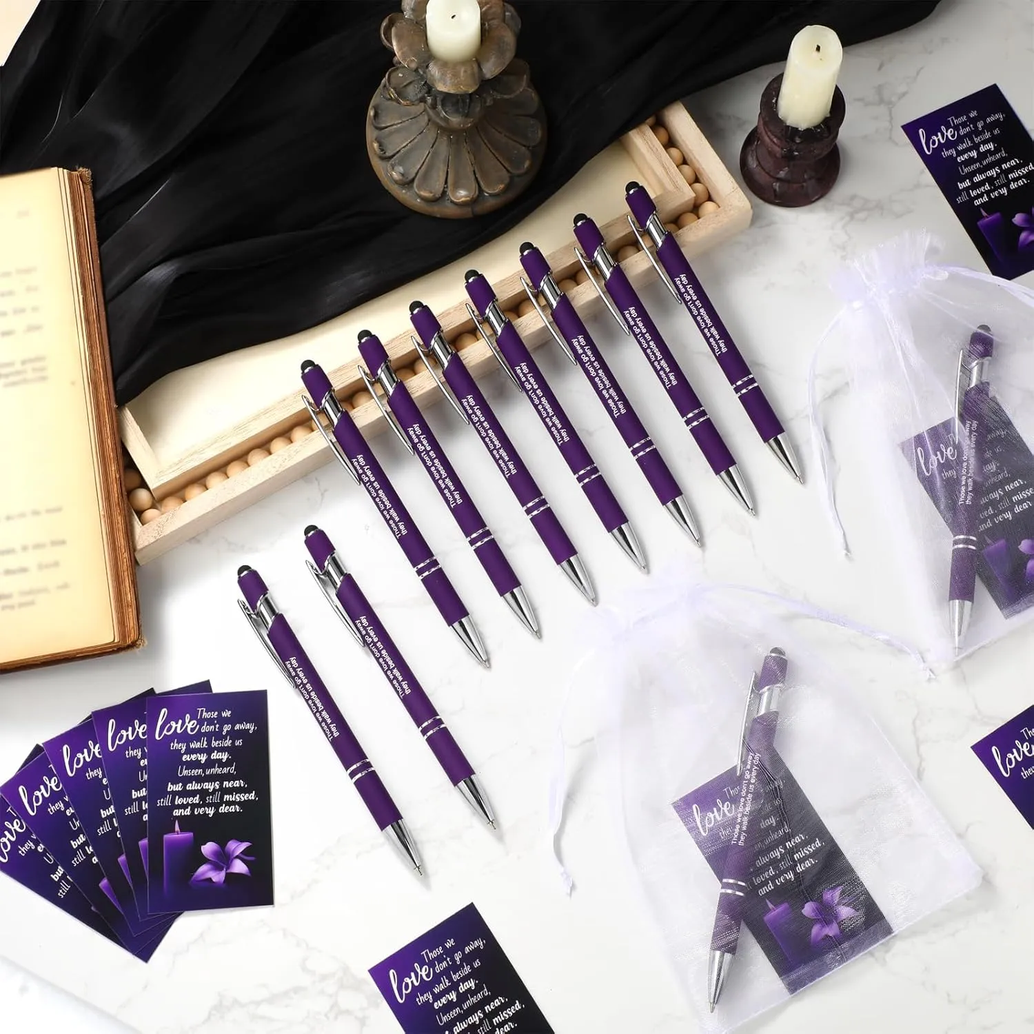 Yeaqee 150 Pcs Funeral Favor Thank You Set Funeral Favor for a Memorial Service 50 Ballpoint Pens 50 Poem Cards White Organza Bags Sympathy Condolence Bereavement Gift(Purple,Candle)