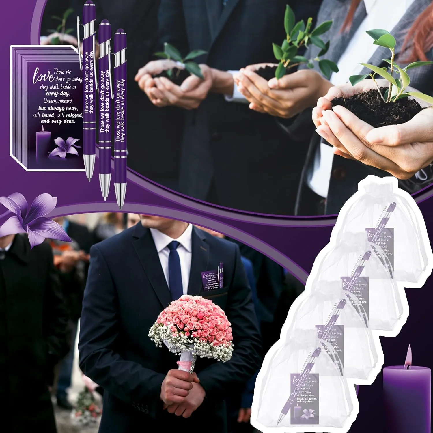Yeaqee 150 Pcs Funeral Favor Thank You Set Funeral Favor for a Memorial Service 50 Ballpoint Pens 50 Poem Cards White Organza Bags Sympathy Condolence Bereavement Gift(Purple,Candle)