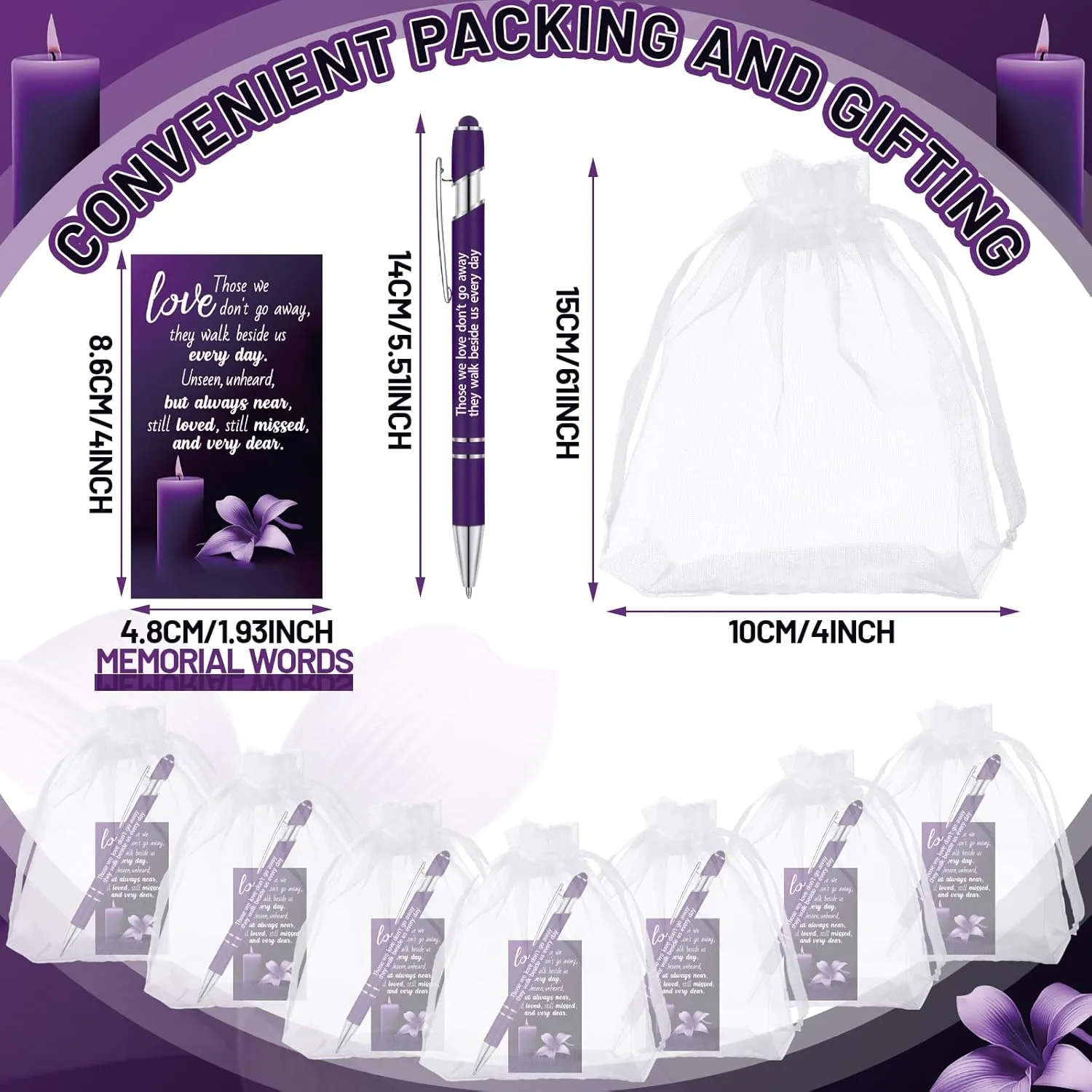 Yeaqee 150 Pcs Funeral Favor Thank You Set Funeral Favor for a Memorial Service 50 Ballpoint Pens 50 Poem Cards White Organza Bags Sympathy Condolence Bereavement Gift(Purple,Candle)