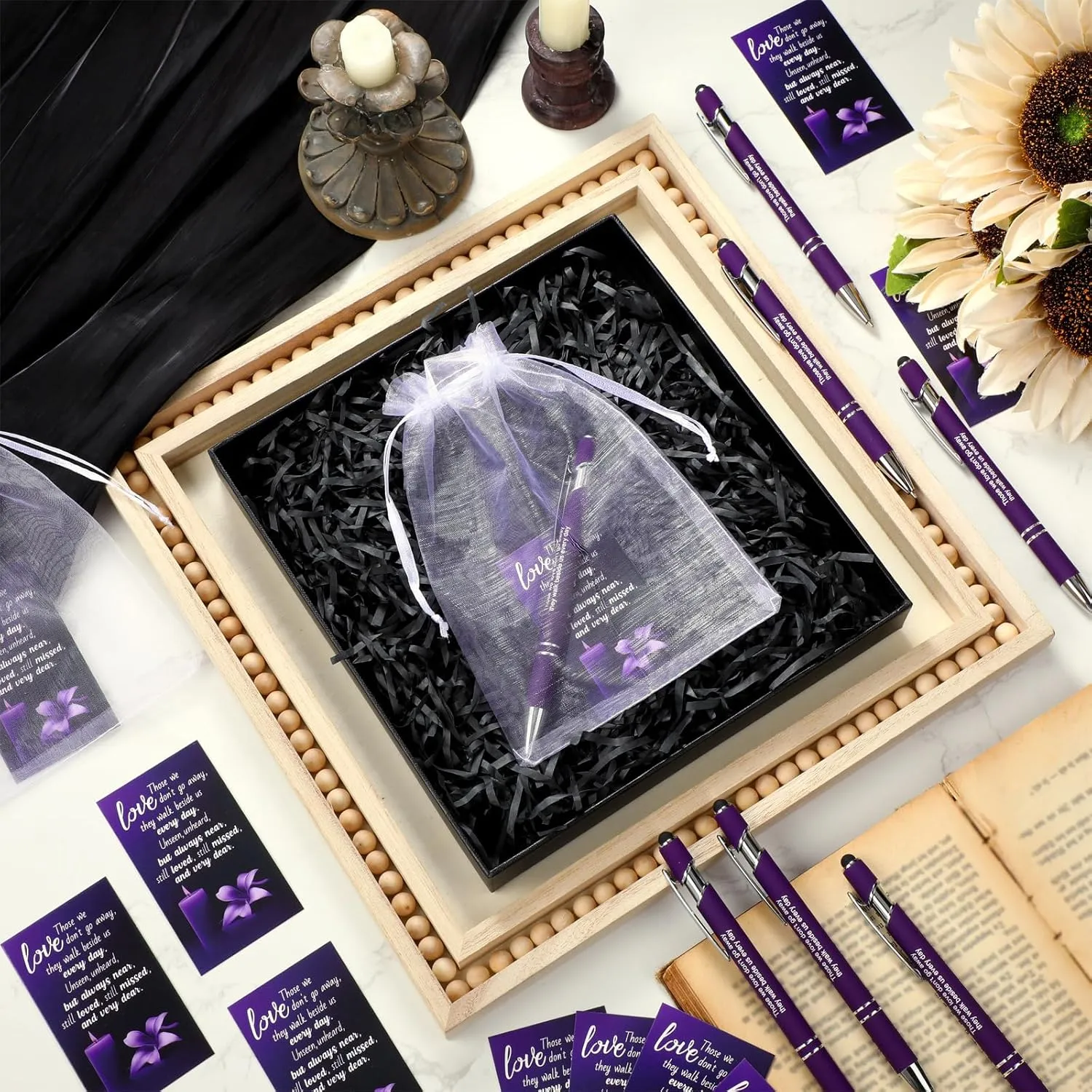 Yeaqee 150 Pcs Funeral Favor Thank You Set Funeral Favor for a Memorial Service 50 Ballpoint Pens 50 Poem Cards White Organza Bags Sympathy Condolence Bereavement Gift(Purple,Candle)