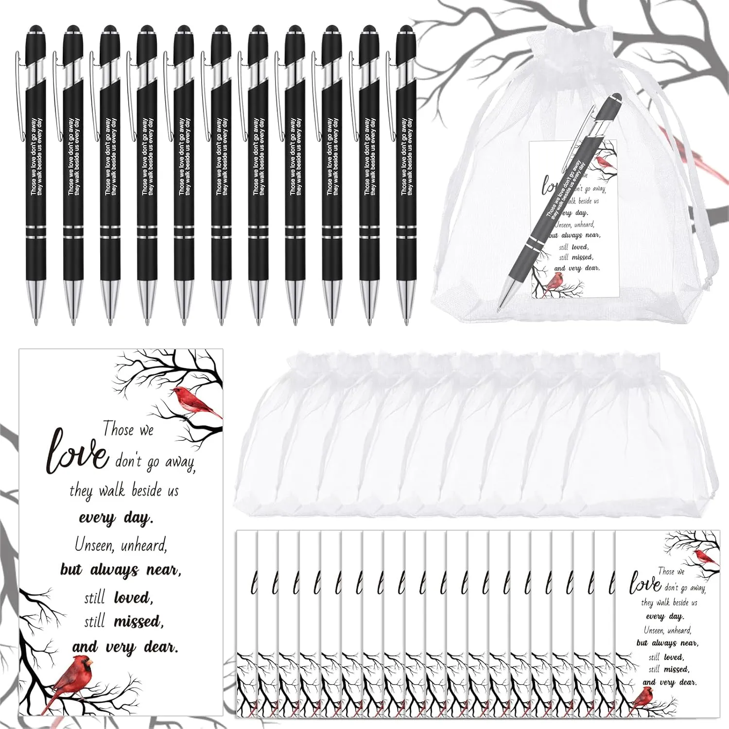 Yeaqee 150 Pcs Funeral Favor Thank You Set Funeral Favor for a Memorial Service 50 Ballpoint Pens 50 Poem Cards White Organza Bags Sympathy Condolence Bereavement Gift(White,Cardinal)