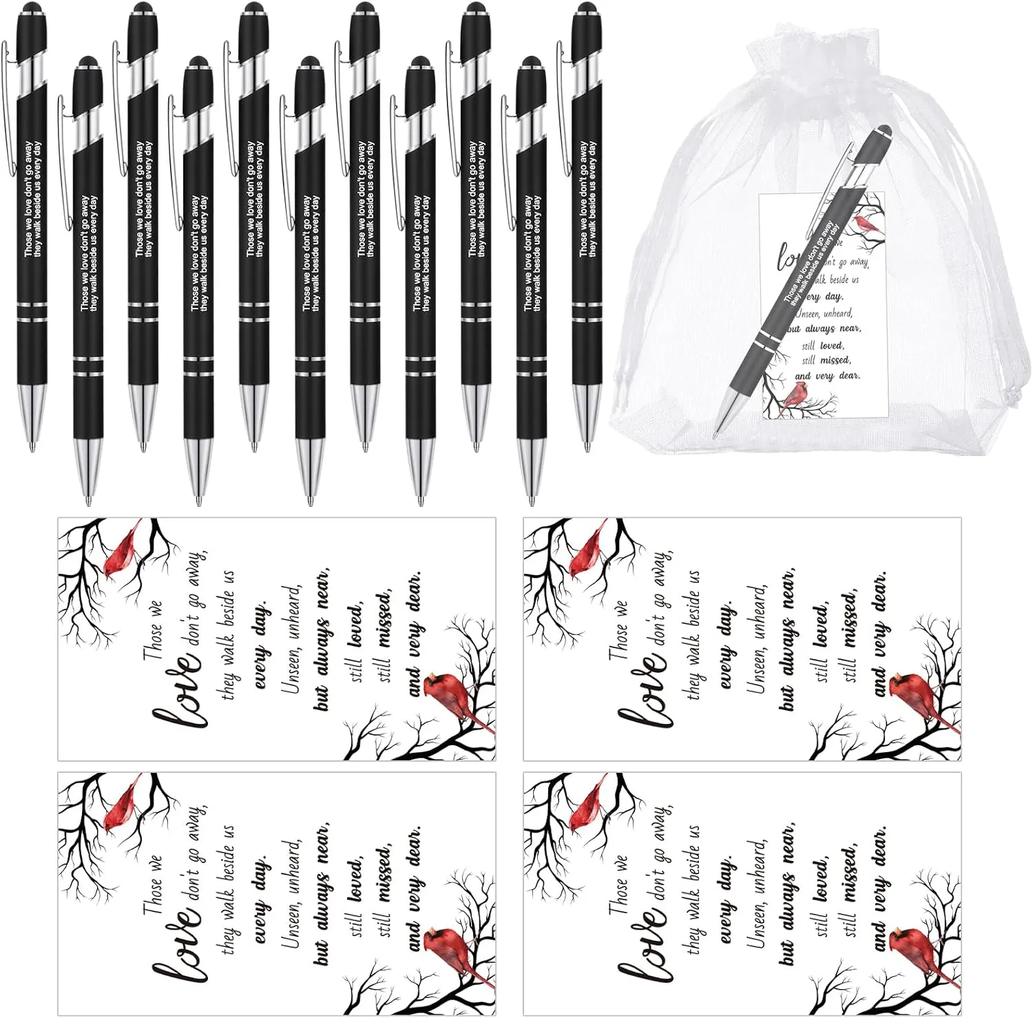 Yeaqee 150 Pcs Funeral Favor Thank You Set Funeral Favor for a Memorial Service 50 Ballpoint Pens 50 Poem Cards White Organza Bags Sympathy Condolence Bereavement Gift(White,Cardinal)