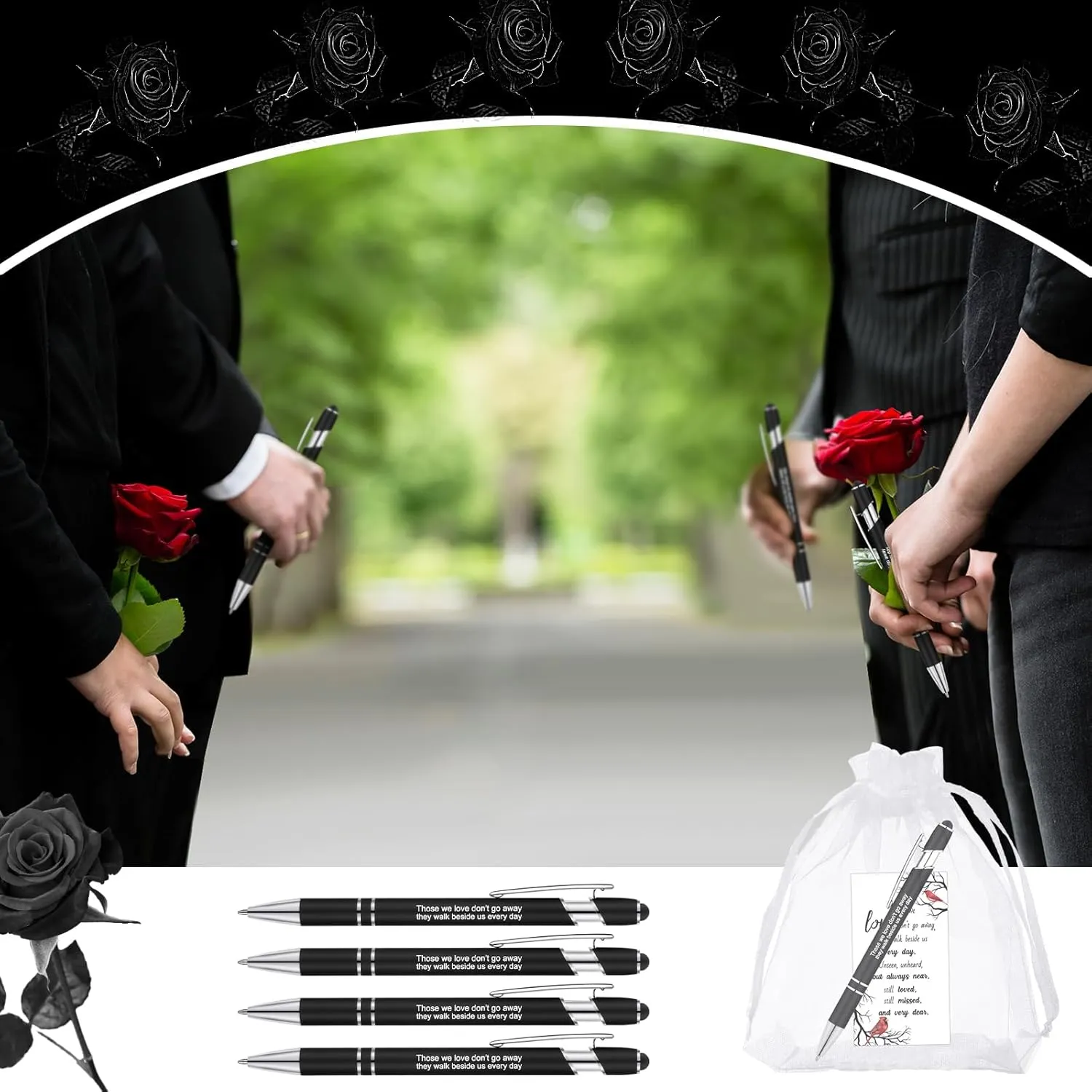 Yeaqee 150 Pcs Funeral Favor Thank You Set Funeral Favor for a Memorial Service 50 Ballpoint Pens 50 Poem Cards White Organza Bags Sympathy Condolence Bereavement Gift(White,Cardinal)