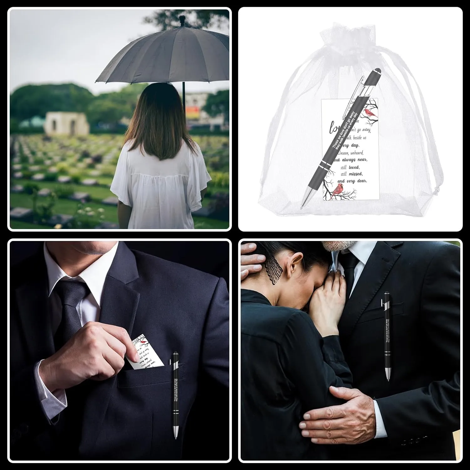 Yeaqee 150 Pcs Funeral Favor Thank You Set Funeral Favor for a Memorial Service 50 Ballpoint Pens 50 Poem Cards White Organza Bags Sympathy Condolence Bereavement Gift(White,Cardinal)