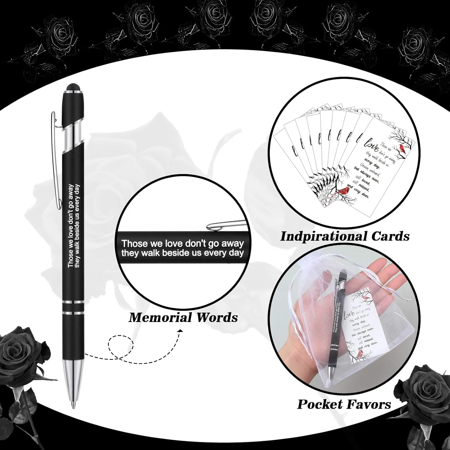 Yeaqee 150 Pcs Funeral Favor Thank You Set Funeral Favor for a Memorial Service 50 Ballpoint Pens 50 Poem Cards White Organza Bags Sympathy Condolence Bereavement Gift(White,Cardinal)