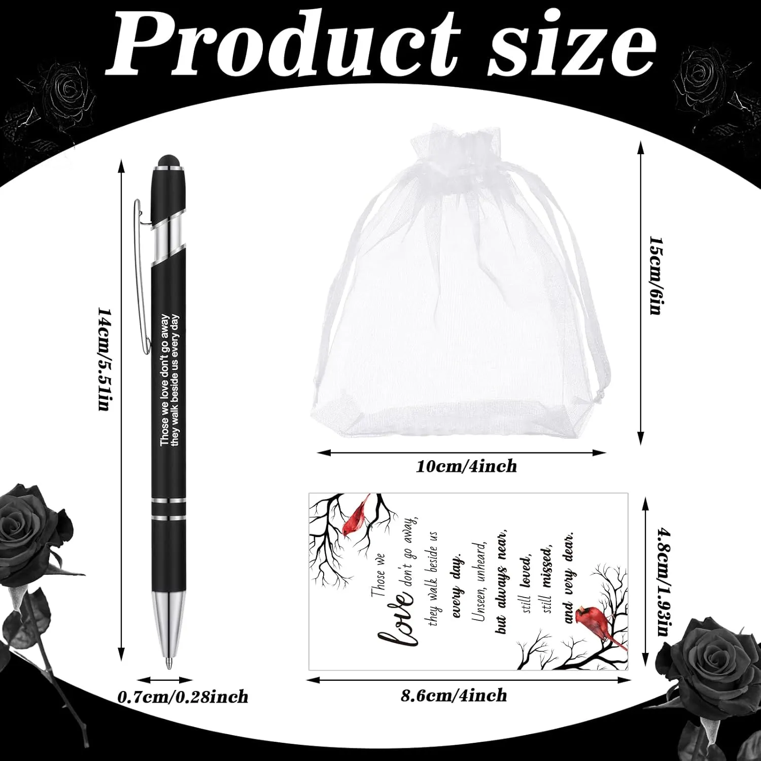 Yeaqee 150 Pcs Funeral Favor Thank You Set Funeral Favor for a Memorial Service 50 Ballpoint Pens 50 Poem Cards White Organza Bags Sympathy Condolence Bereavement Gift(White,Cardinal)
