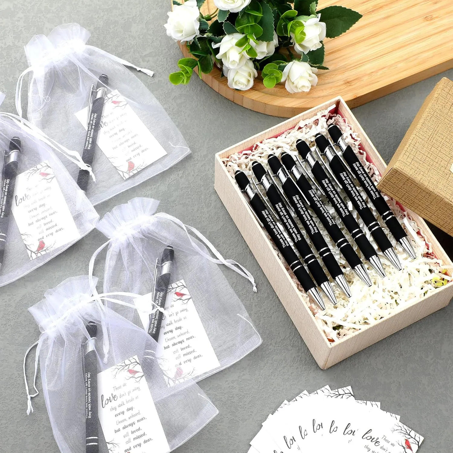 Yeaqee 150 Pcs Funeral Favor Thank You Set Funeral Favor for a Memorial Service 50 Ballpoint Pens 50 Poem Cards White Organza Bags Sympathy Condolence Bereavement Gift(White,Cardinal)